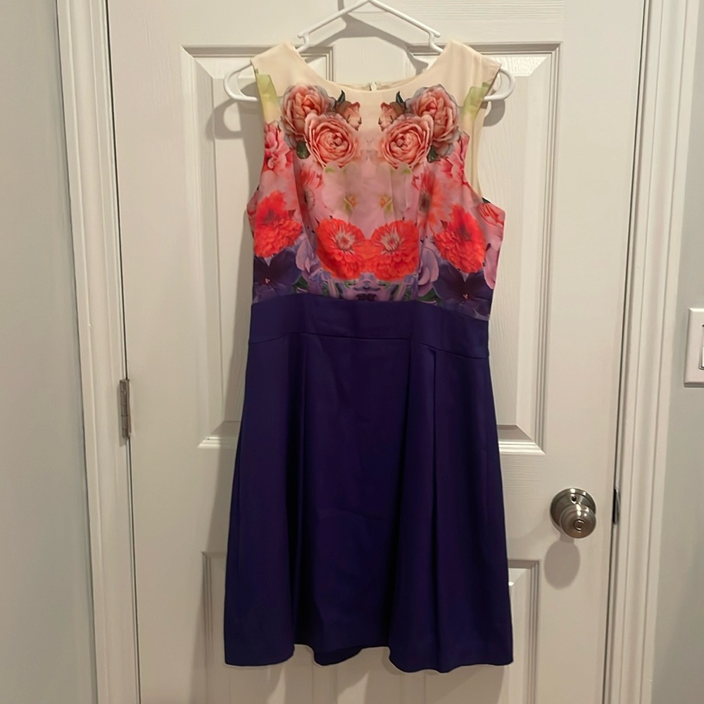 Wolf and Whistle: Dress in Purple-and-Pink Floral Print; Size: 12